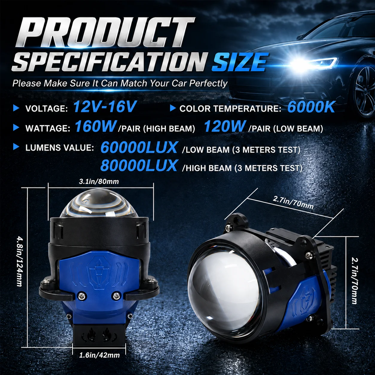2pcs 3.0 Inch Bi Led Projector Lens Headlights for H4 H7 Audi 9005 9006 22000000LM Double Lens Dual Light High Low Beam 12V