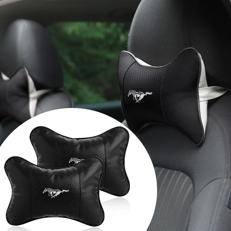 Leather Car Seat Headrest Memory Foam Comfort Neck Pillow Auto Interiors For Mustang FIESTA Focus Shelby GT350 Kuga Fusion F-150