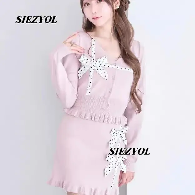 Autumn New Elegant Sweet Cute Girl Inner Crop Top Polka Dot Bow Ribbon Long-sleeved Cardigan and Short Skirt Three-piece Set