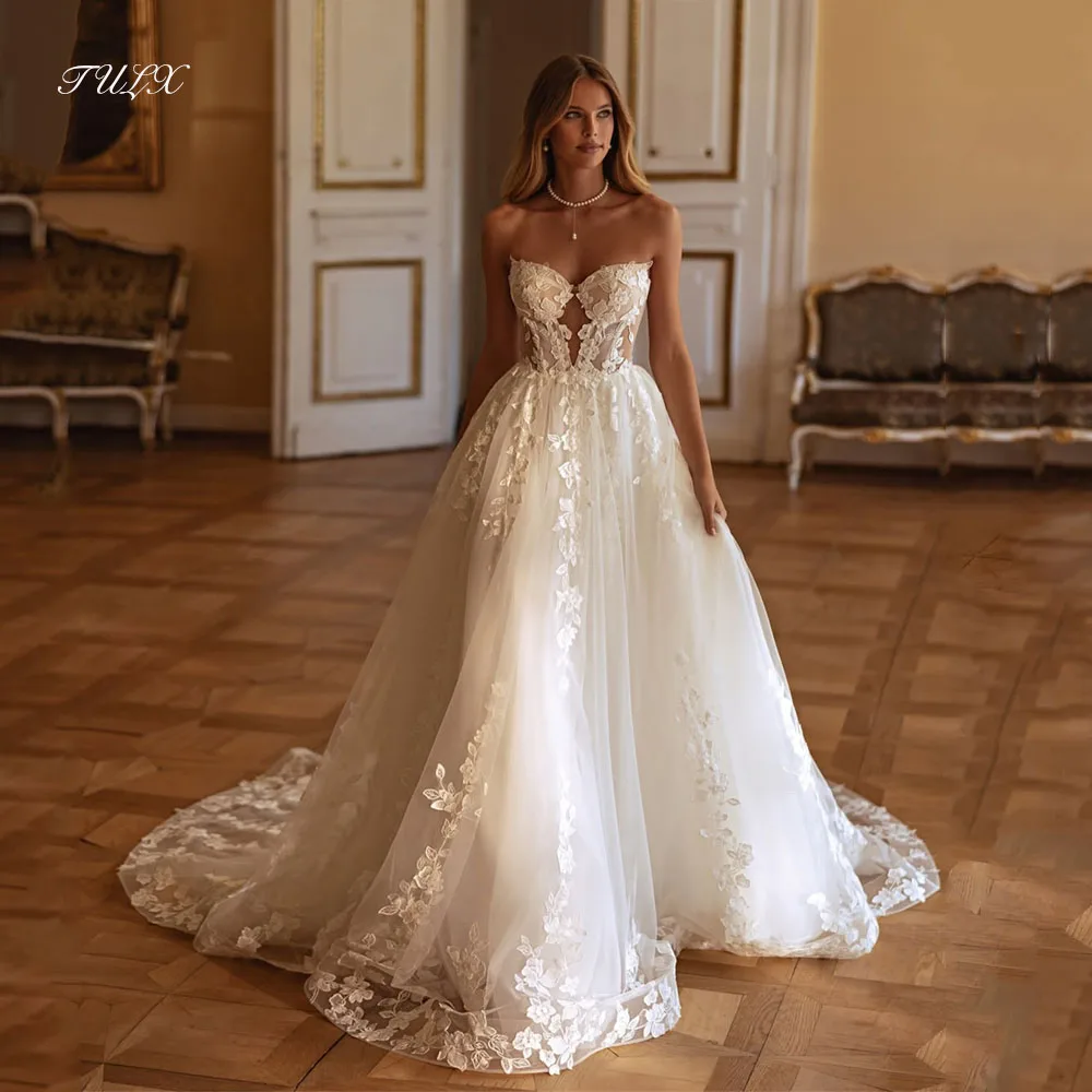 TULX Luxury Ivory Lace Flower Wedding Dresses Photo Sexy Sweetheart Bridal Gown A line Tulle Long Robe De Mariée Customized 2026