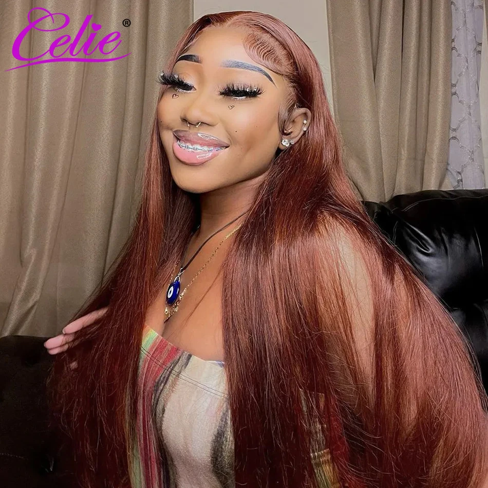 Celie Glueless Wig Reddish Brown Wear Go 5×6 Pre-Cut HD Lace Wig #33 Colored Human Hair Wigs Straight Body Wave Lace Front Wig