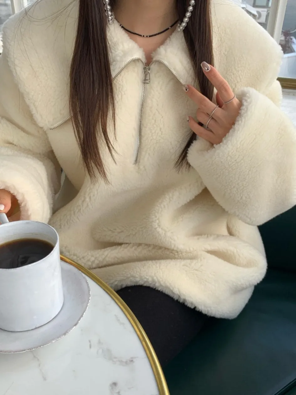 Lamb Fur Coat Women's Loose Thiened Autumn Winter Warm Zipper Sweatirt Large Collar Rabbit Fur Simulation Outerwear