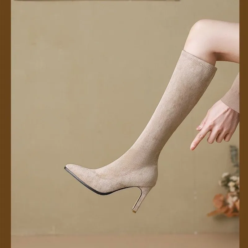 

High Heeled Women Boots Knee High Boots High Quality Fashion Pointed Toe Side Zipper Suede High-heeled Women's Boots Botas Mujer