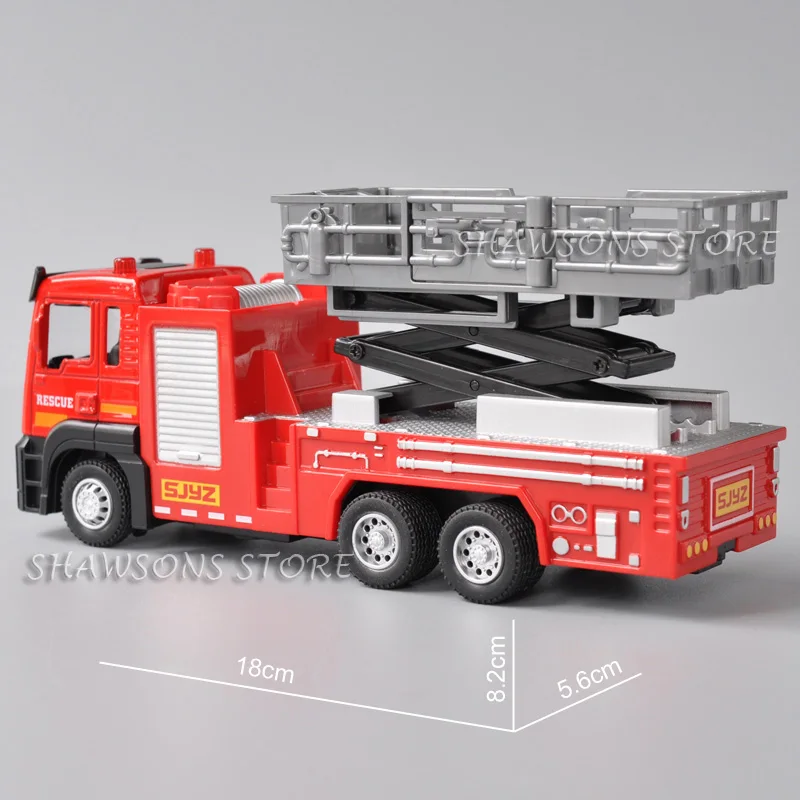 1:50 réplica miniatura do elevador do caminhão do motor de bombeiros do brinquedo modelo fundido da plataforma do salvamento puxar para trás com luz sadia