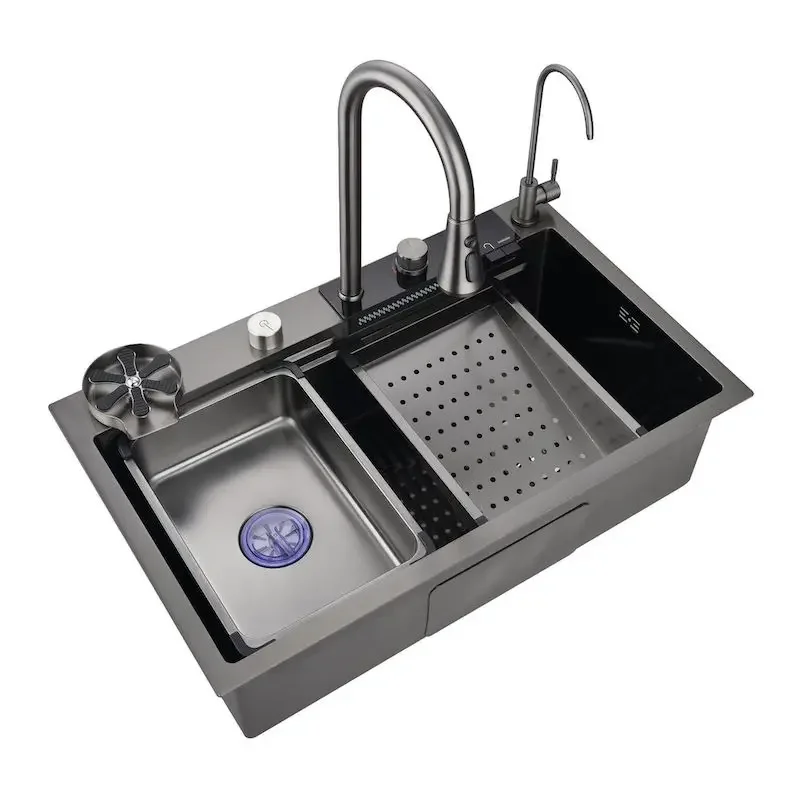 Led Handmade Black 304 Stainless Steel Waterfall Intelligent Multifunctional Kitchen Sink Digital