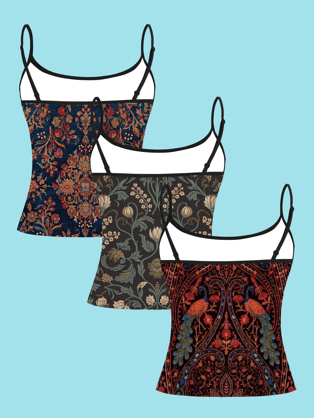 3-Piece Set of Persian Carpet Peacock Pattern Printed Thin Camisole Tops in Navy Blue, Red Floral, Gray-Green Vine, and Burgundy Tapestry Slim-Fit Sleeveless Tops, Vintage Ethnic Style Bohemian Inner and Outer Wear Base Layer Shirts