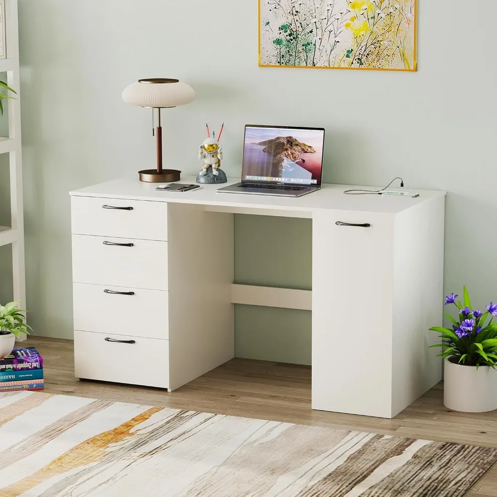

Computer Desk with 4 Storage Drawers & Cabinet, Home Office Desk with Charging Station, 5-Level Adjustable