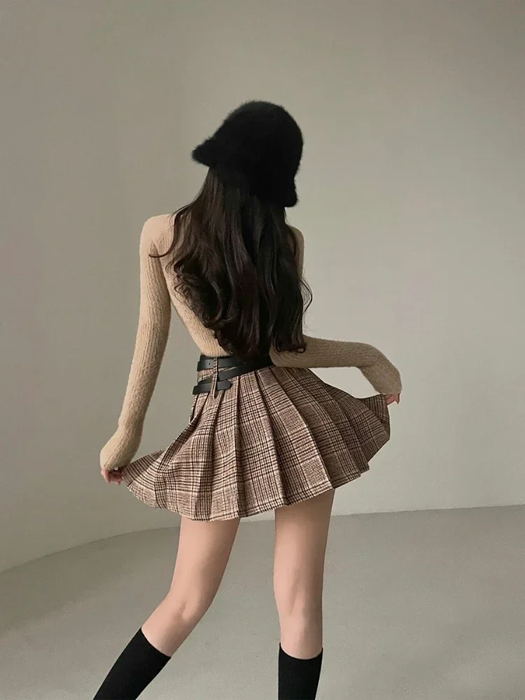 Preppy Style Plaid Skirt Women Brown High Street Pleated Mini Skirt  Vintage Autumn Winter Belt Korean Fashion Outfit