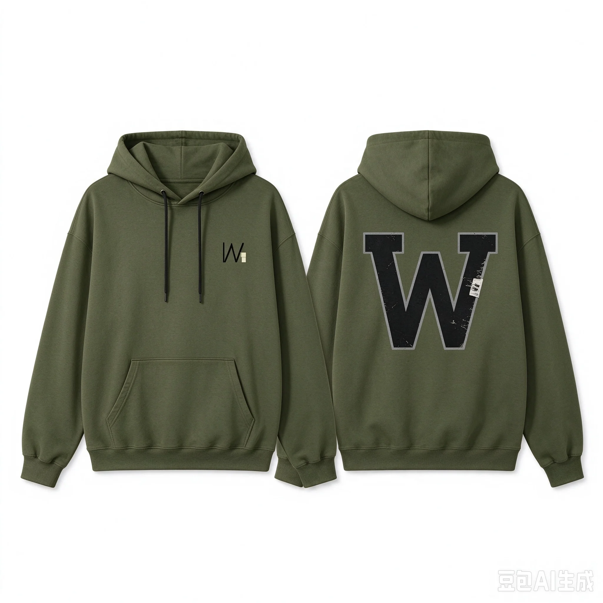 Men's Loose Drawstring Hoodie, Right Chest Small Logo, Back Large W Graphic Pullover, Streetwear Casual Sweatshirt