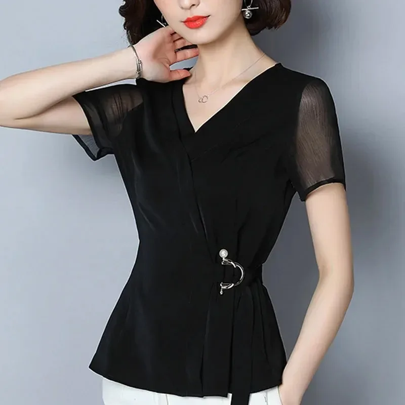 Women Blouse and Tops Black Shirts Blouses Summer Women Ladies Tops Beading Chiffon Blouse Short Sleeve V-Neck 2882 50