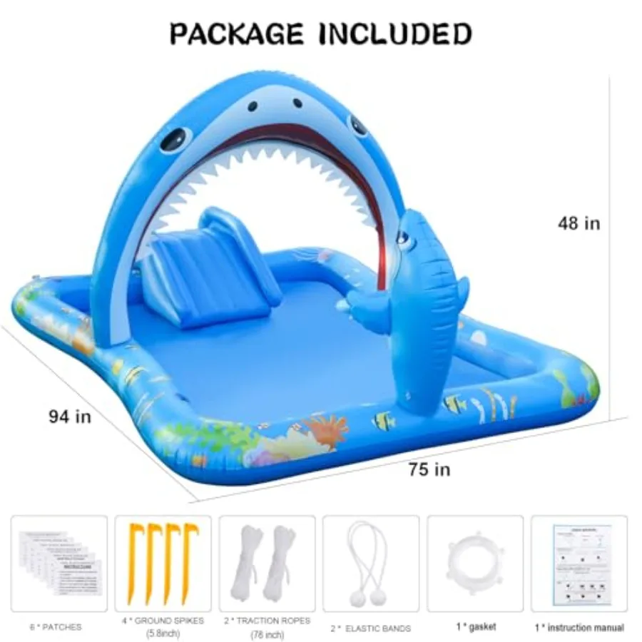 Backyard inflatable kiddie pool with water slide and sprayers thickened PVC blue for toddlers and play ball hoop view 4