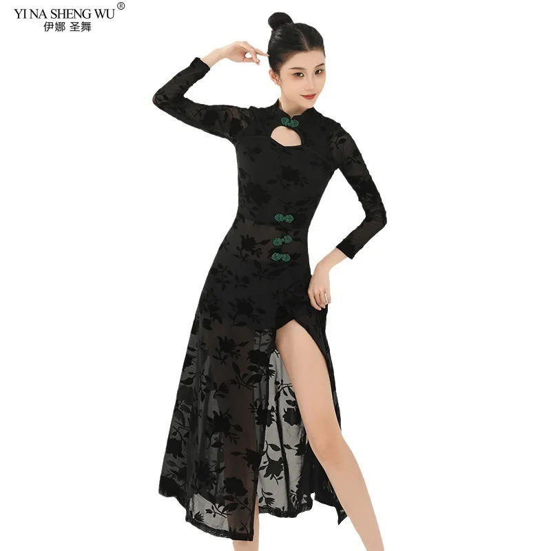 Qipao Traditional Cheongsam Dance Costume for Women Hollow Out Black Printing Bodycon Qipao Slim High Split Evening Prom Dress