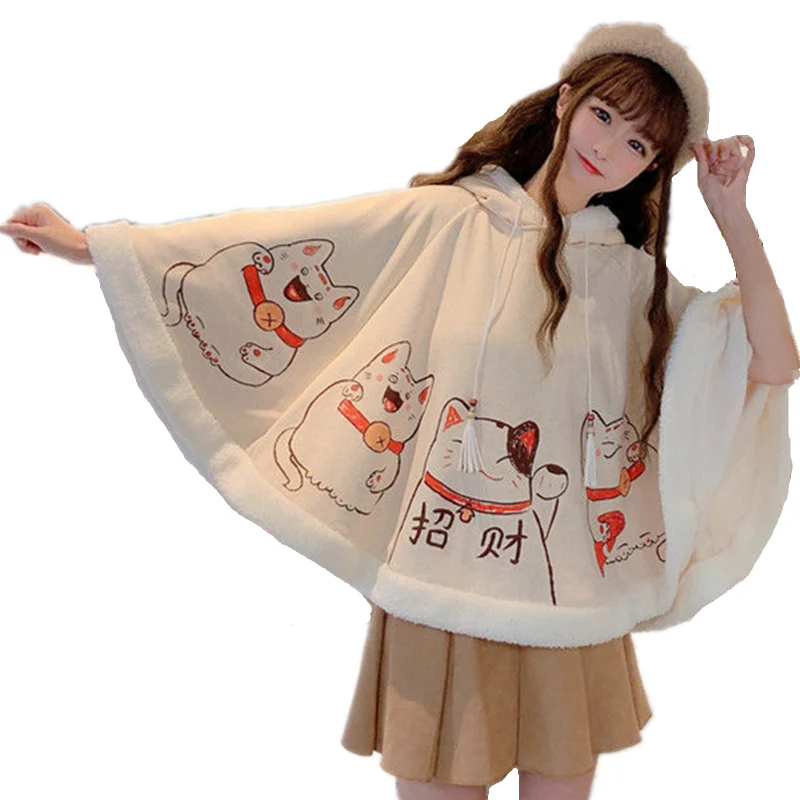 2023 Kawaii Cloak Harajuku Ears Hooded Outwear Japanese Lucky Cat Fleece Cape Batwing Sleeve Loose Pullover Tops Winter Clothes