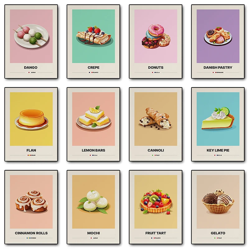Dessert Cannoli Crepe Flan Macarons Pudding Poster Canvas Printing Minimalist Wall Art Picture for Cafe Desserts Shop Decor G