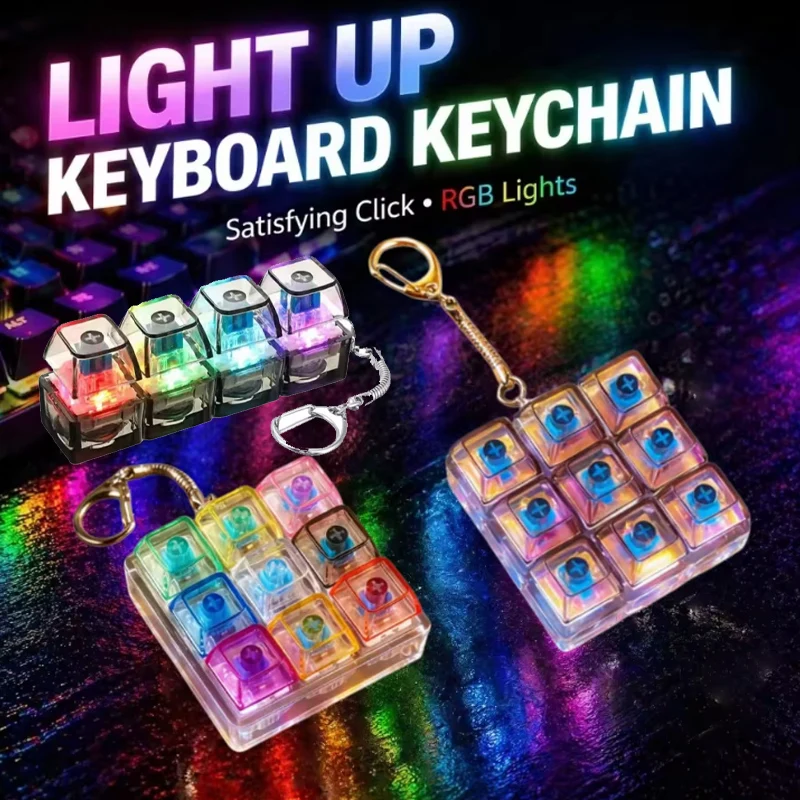 LED Light-Up Keyboard Keychain with Clickable Buttons Portable Stress Anxiety Reliever Cool Office Desk Decoration Unique Gift