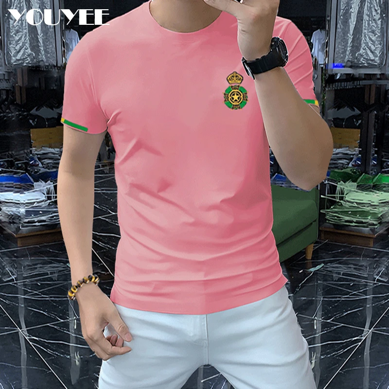 

Футболка мужская с вышивкой, модный брендовый эластичный Топ с круглым вырезом, дышащая Розовая Одежда с нитями и манжетами