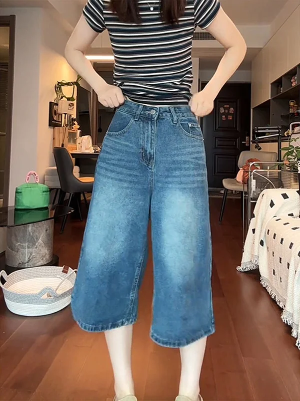 

Retro American Washed Seven-Five Denim Shorts High Waist Loose Wide Leg Over-Knee Women's Summer New Style Casual Jeans