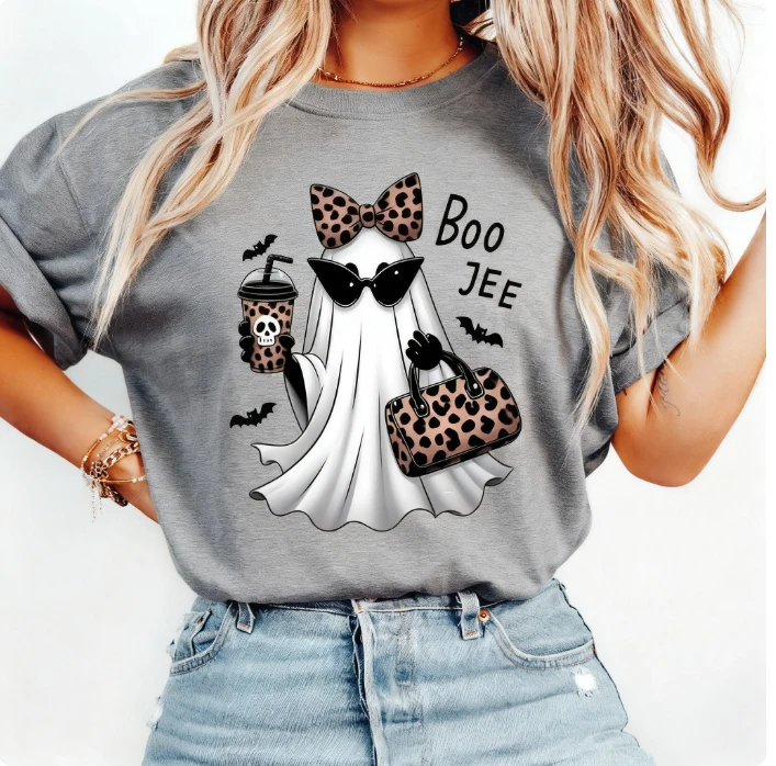 2025 Boo JEE موضة شبح تي شيرت ليوبارد طباعة اكسسوارات هالوين وقح الروح القطن قميص عصري لطيف مخيف
