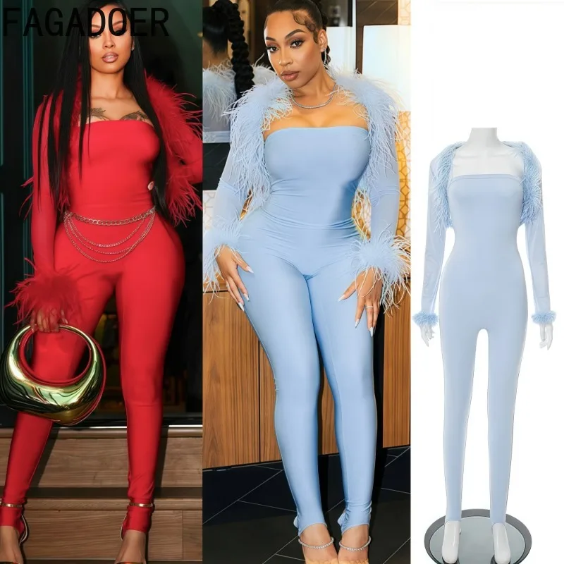 

FAGADOER Sexy Mesh See Through Bodycon Jumpsuit Women Long Sleeves Fur Patchwork Crop Top + Skiny Pants Midnight Female Clubwear