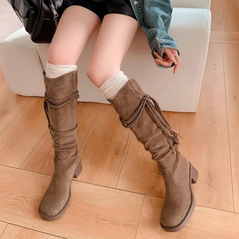 

Women's Tassel Long Boots 2025 Knight Boots Retro Wasteland Style Chunky Heel Over-the-Knee Long Boots High Tube Boots