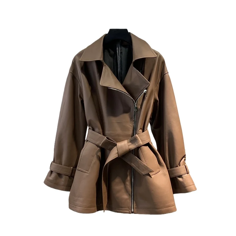Genuine Sheepskin Leather Trench Coat for Women 2024 Spring Autumn Mid-length Real Leather Jacket Suit Collar Women's Clothing