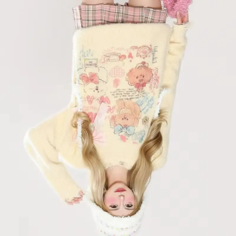 

Новый модный повседневный вязаный свитер премиум-класса в корейском стиле с бахромой и милым принтом щенка для женщин, осень/зима 2026