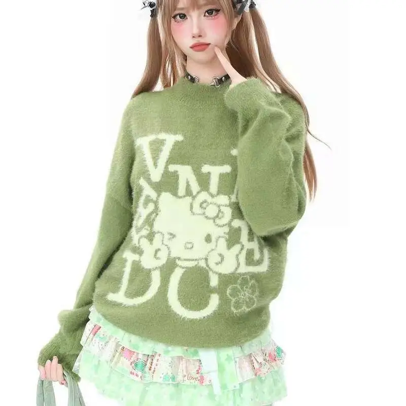 

Gril Hello Kitty Sweater Kawaii Anime Fashion Student Casual Round neck Autumn and winter Knitted shirt Pullover tops new style