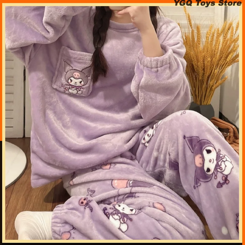 Sanrio Kuromi Pajama Sets Women Winter Warm Plush Cute Cinnamoroll Sleepwear Print Pajama Cartoon Home Clothes Soft Xmas Gift