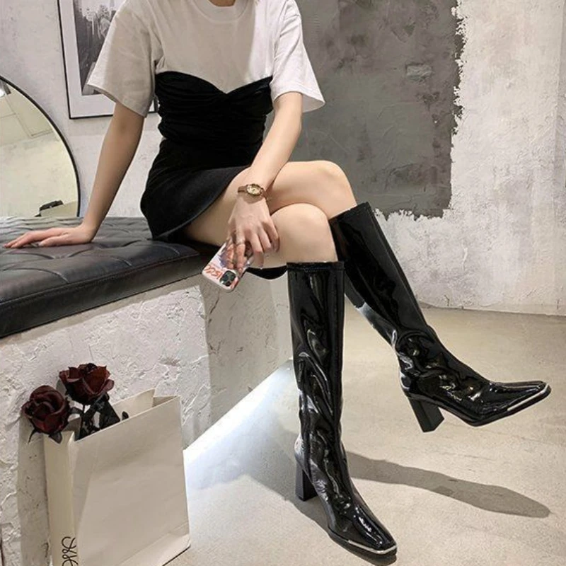 Black Very High Heel Footwear Square Toe Long Ladies Boots Shoes for Women Winter Knee Shaft Elastic 2024 Novelty Pu New in Boot