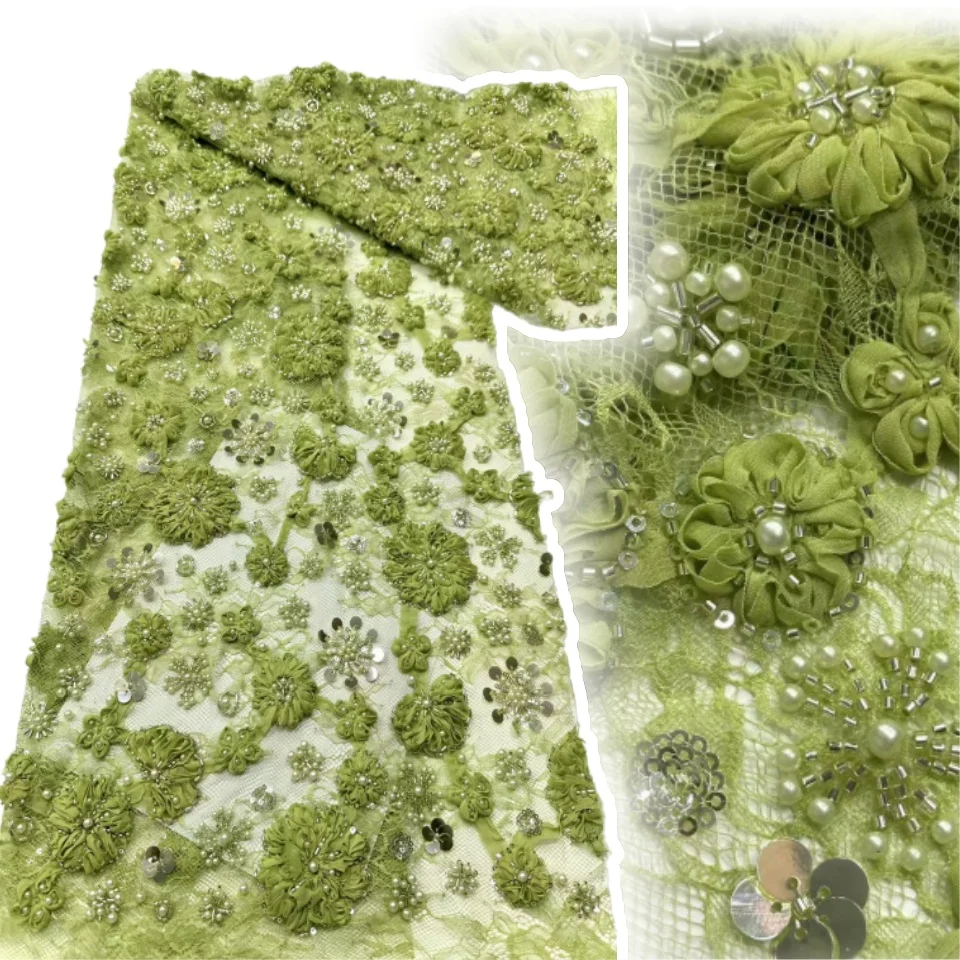 

Зеленый 3D цветок, африканская кружевная ткань с бисером, новая французская сетчатая кружевная ткань с вышивкой блестками для женщин, свадебные платьяCC1232