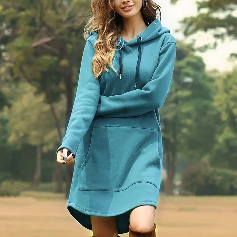 

Women's Hooded Pullover Fashion Pocket Long Sleeve Solid Medium Length Sweater Dress 2023 Purple Yellow New