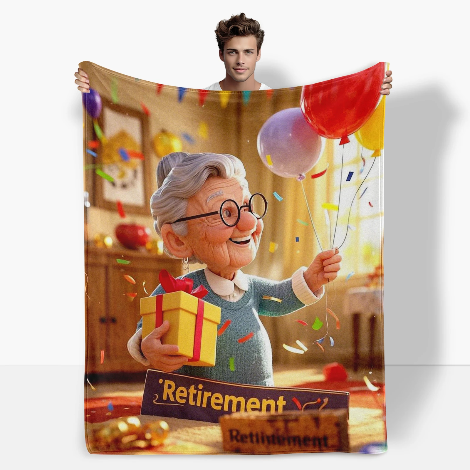 Adorable Cartoon Senior Citizen Featuring Balloons And Ribbons Adds Joy To Retirement Gifts