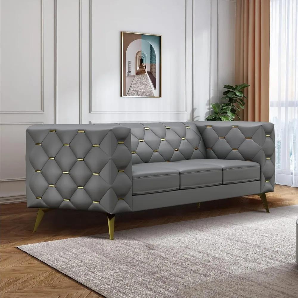 84'' Leather Upholstered 3 Seater Couch with Square Arms and Tufted Back, Modern Sofa with Metal Buckle and Metal Legs Decor