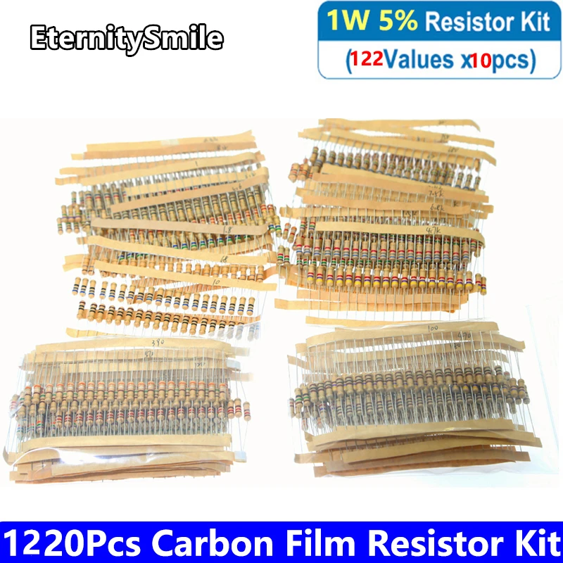 

1220Pcs/Pack 1W Carbon Film Resistor Assortment Kit Set 5% 122 Value*10Pcs Resistors Kit0.33R-680K-2.2Mohm Color Ring Resistance