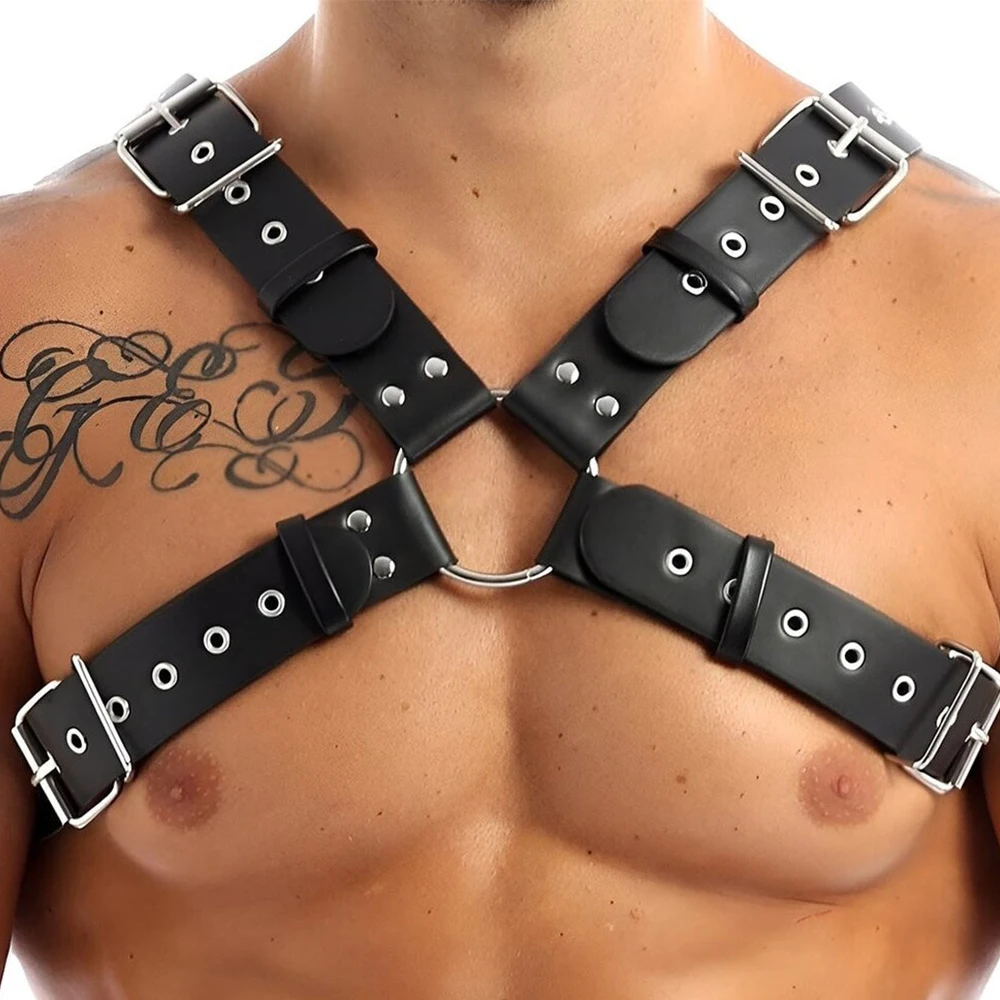 Sexy Men Leather Chest Harness Straps Black BDSM Bondage Body Goth Dance Nightclub Wear Restraint Belts Exotic Accessories