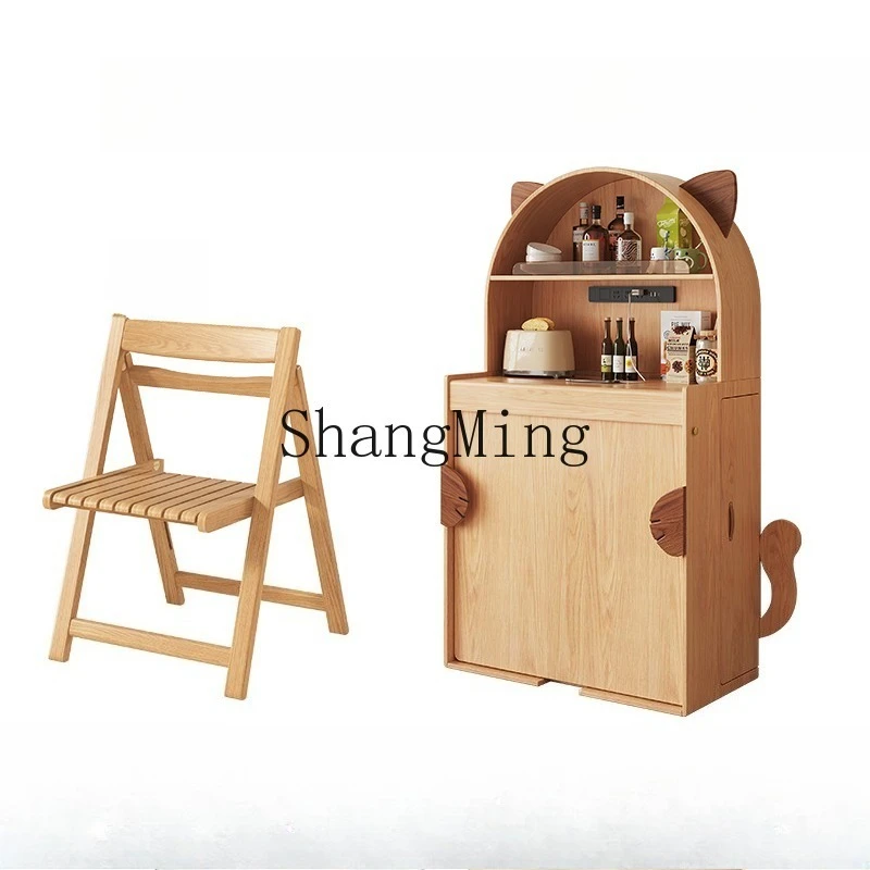 

ZJH new cat ear small apartment telescopic folding dining table and side cabinet integrated, solid table and chair combination