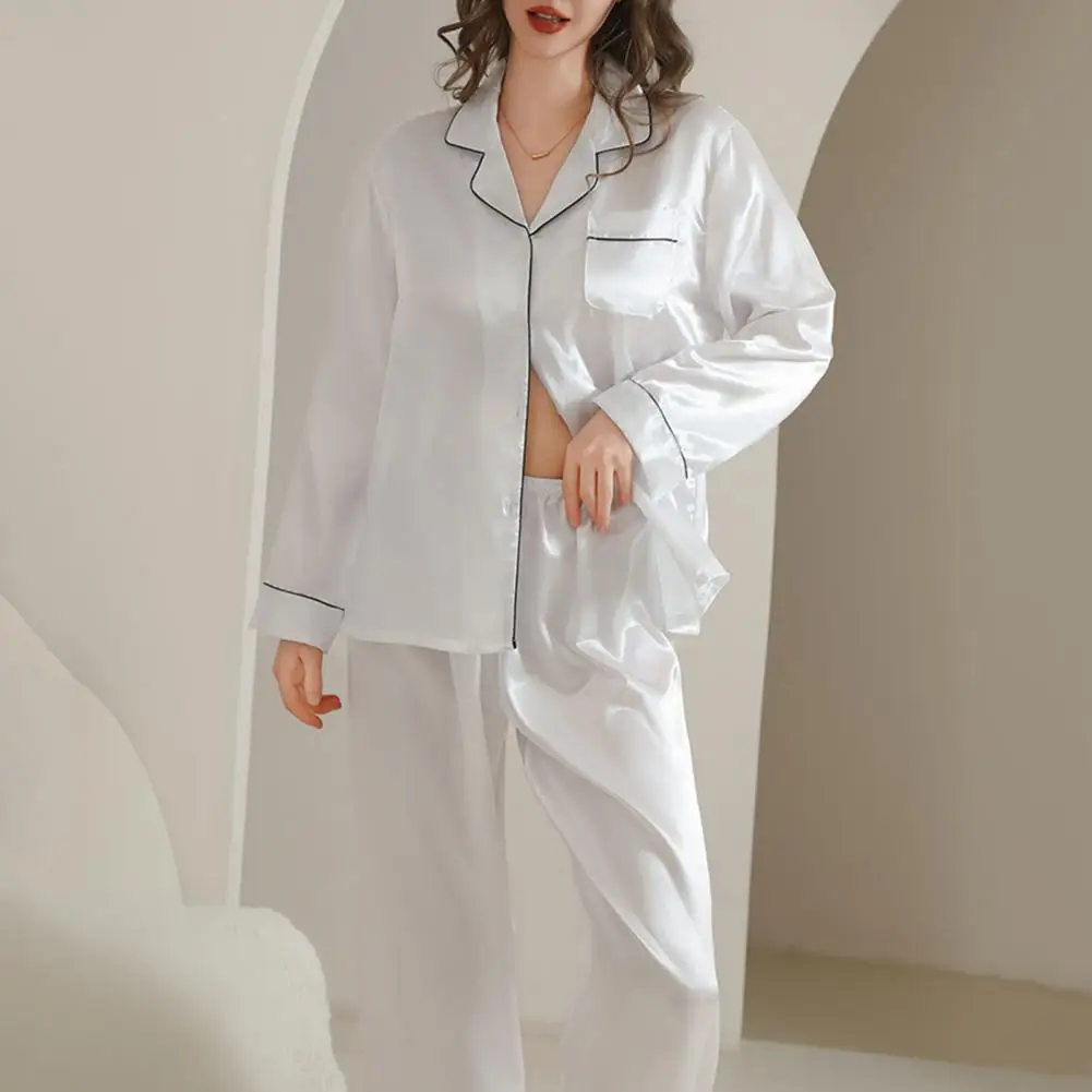 

Women Silky Pajamas Elegant Imitation Silk Pajamas Set with Single-breasted Cardigan Shirt Wide Leg Trousers V Neck for Women