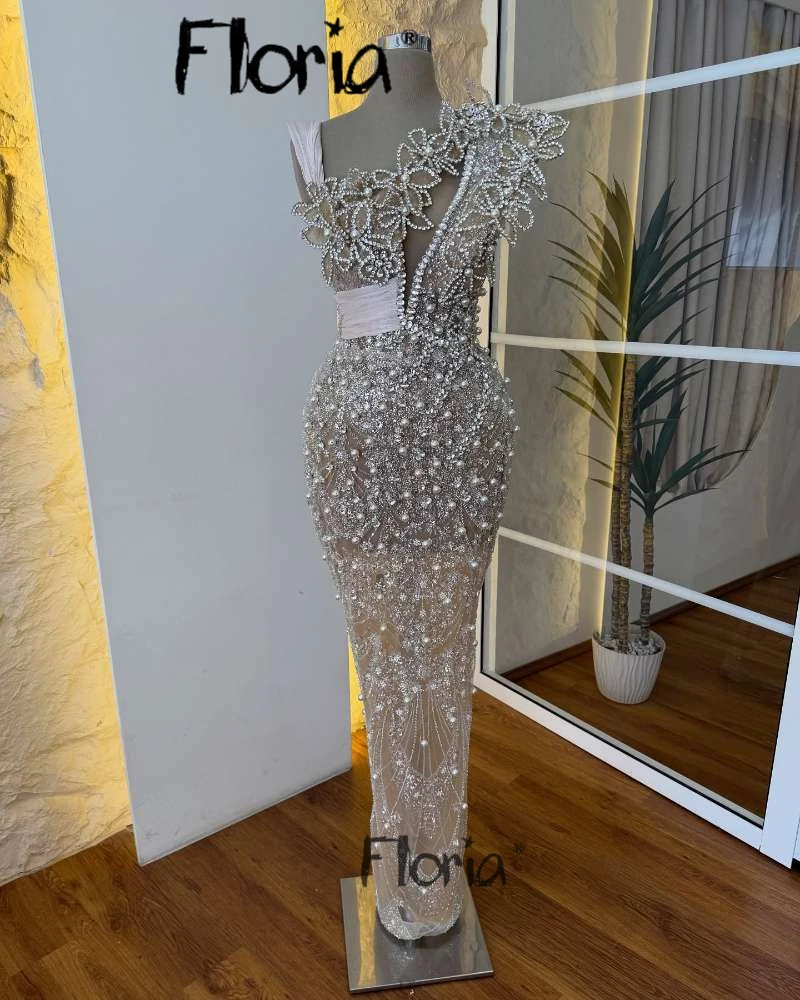 Glitzernde Meerjungfrau-Perlen-Abschlussballkleider, eine Schulter, Perlen, Hochzeitskleid, Verlobung, Promi-Kleid, arabische Kleider, individuell gestaltet