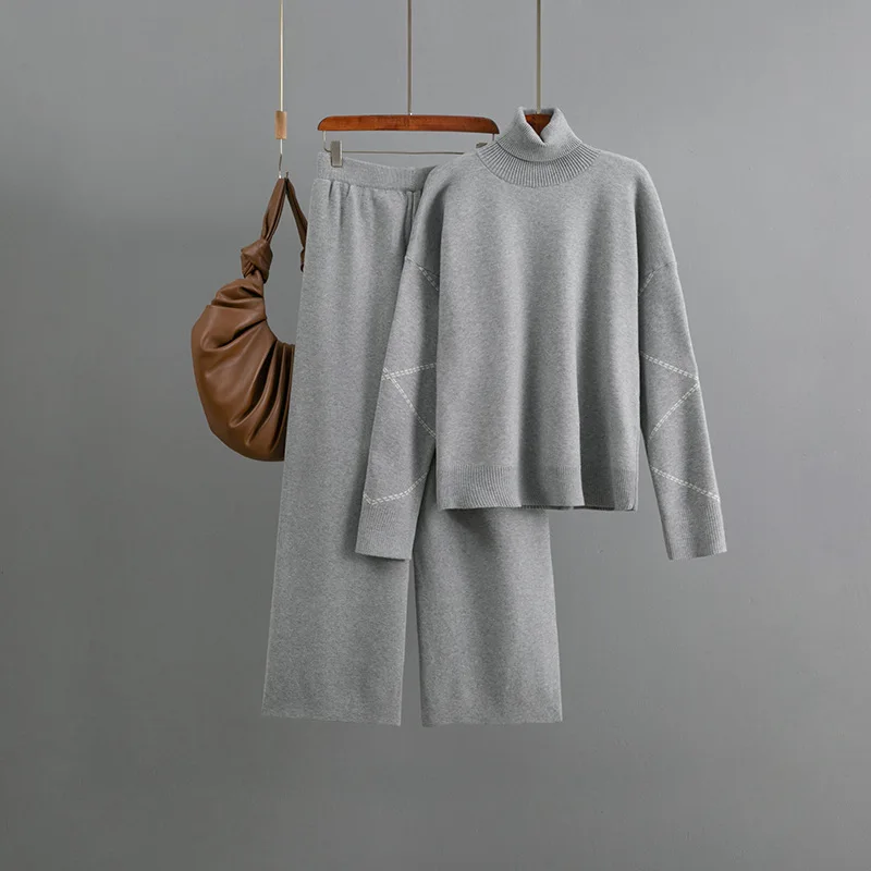 

Faionable Высокий свободный свитер, повседневные широкие брюки, комплект из двух предметов, женский летне-осенний наряд, удобный европейский сарафан