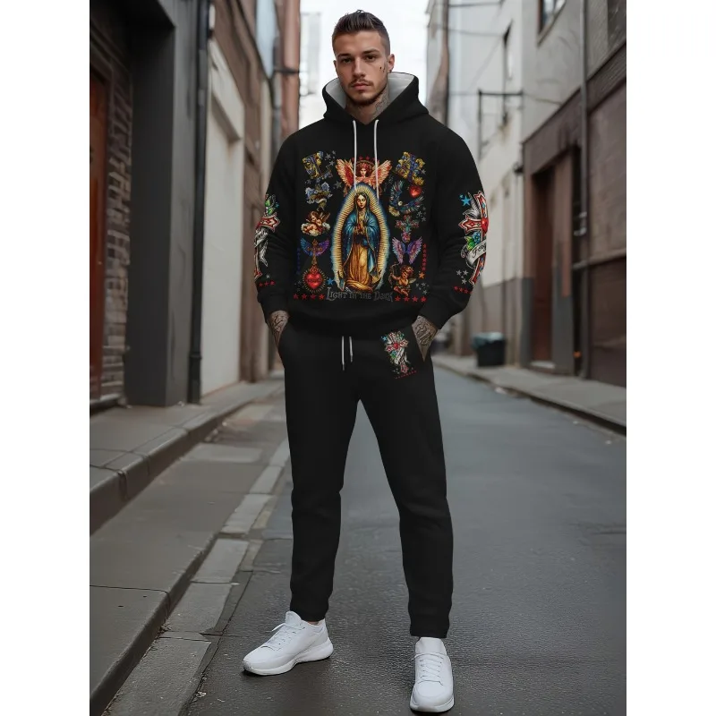 Модный спортивный китайский иероглиф с забавным лицом и 3D принтом, мужская толстовка с капюшоном на плечах, топ, брюки, комплект из двух предметов