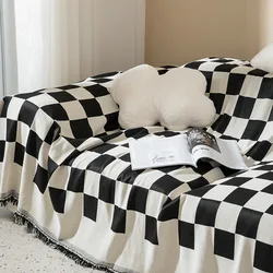 Retro Checkerboard Chessboard Grid Throw Blanket Tapestry Tassel Two Side Bedspread Outdoor Camp Beach Towels Sofa Chair Cover