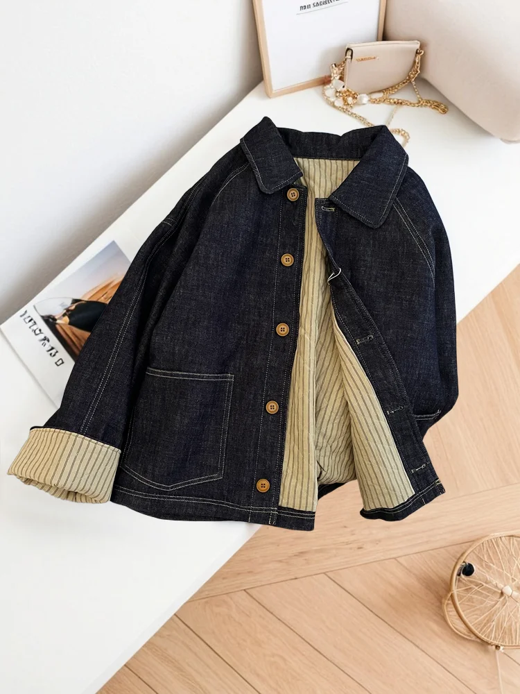 

Джинсовый джинсовый джинт в полоску в стиле ретро, женский осенне-зимний модный высококачественный универсальный топ с воротником