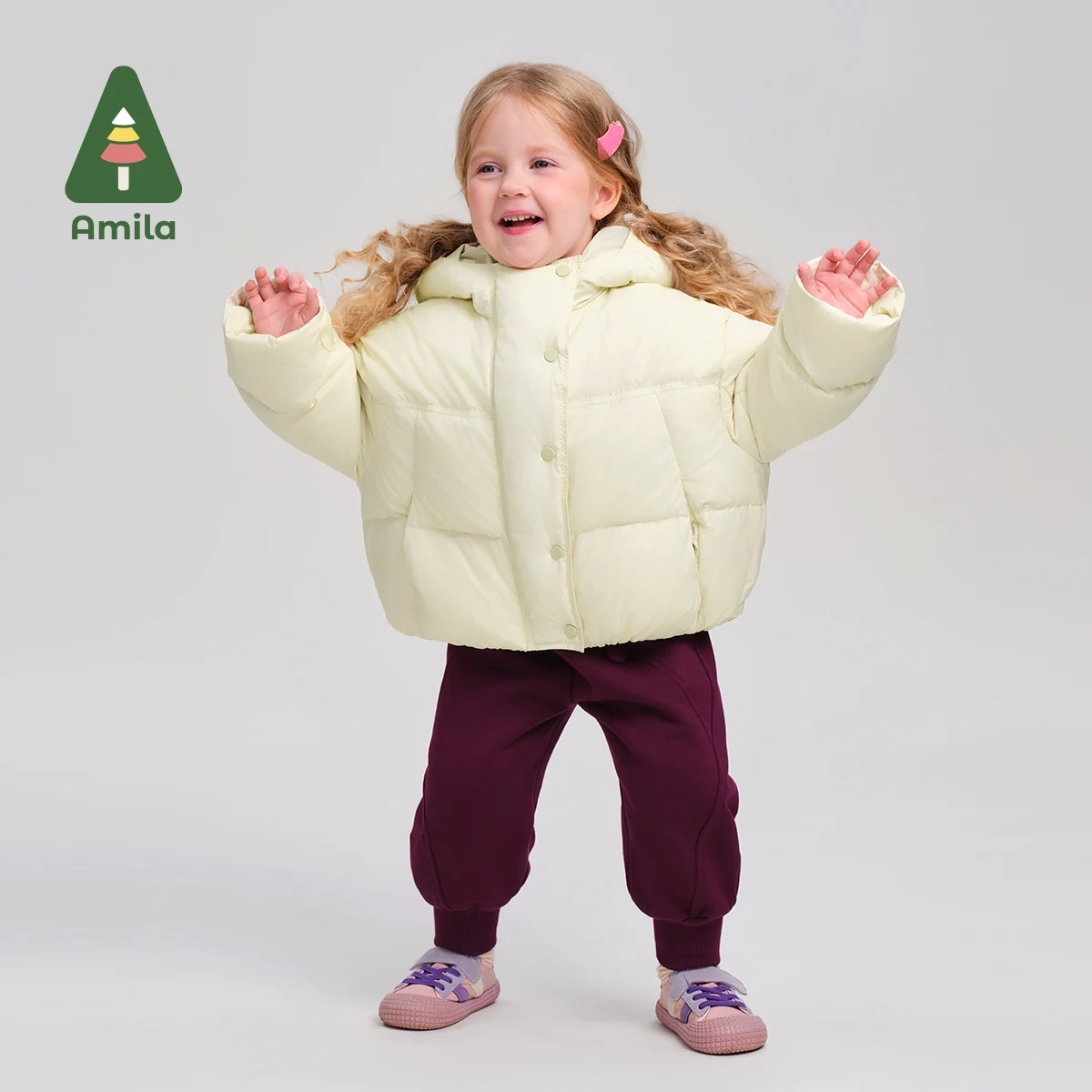 Amila Baby Down Jacket 2024 Winter New Style Girls Solid Color Warm Soft White Duck Down Soft Loose Casual Children\'s Jacket