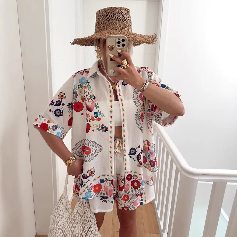 2026 New Women Bohemian Linen Shirt Matching Set, Casual Fashion Versatile Suit, Seaside Holiday Vacation Clothing