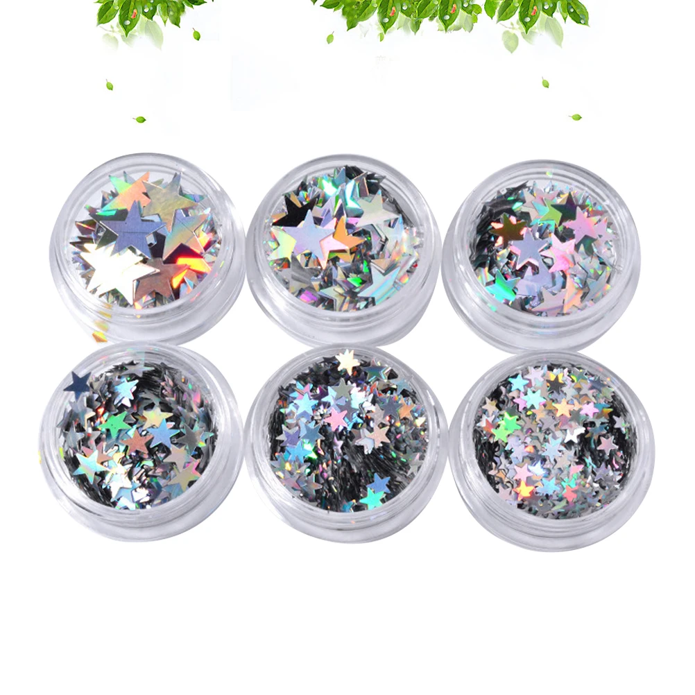

6 pcs Five Pointed Star Paillette Colorful Sequins Silver Nail Art Decoration Manicure Shining Pieces Rhombus Nail Accessories