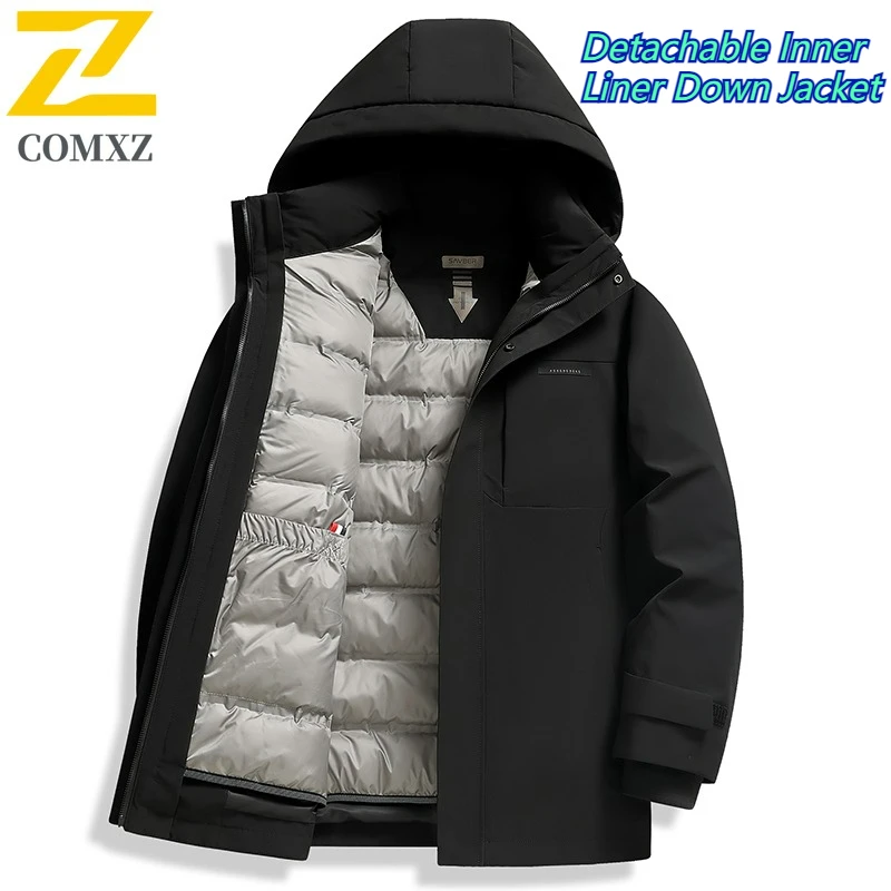 

COMXZ Winter Lightweight Down Jacket Men Fashion Detachable White Duck Down Warm Lined Jacket Ski Camping Windproof Hooded Parka