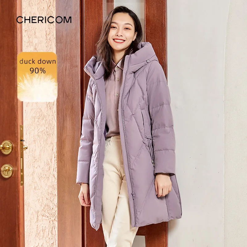 Chericom المرأة منتصف طول أسفل سترة الشتاء الدافئة مقنعين سميكة البخاخ معاطف طويلة الباردة واقية سليم صالح البخاخ جاكيتات Y279182Y