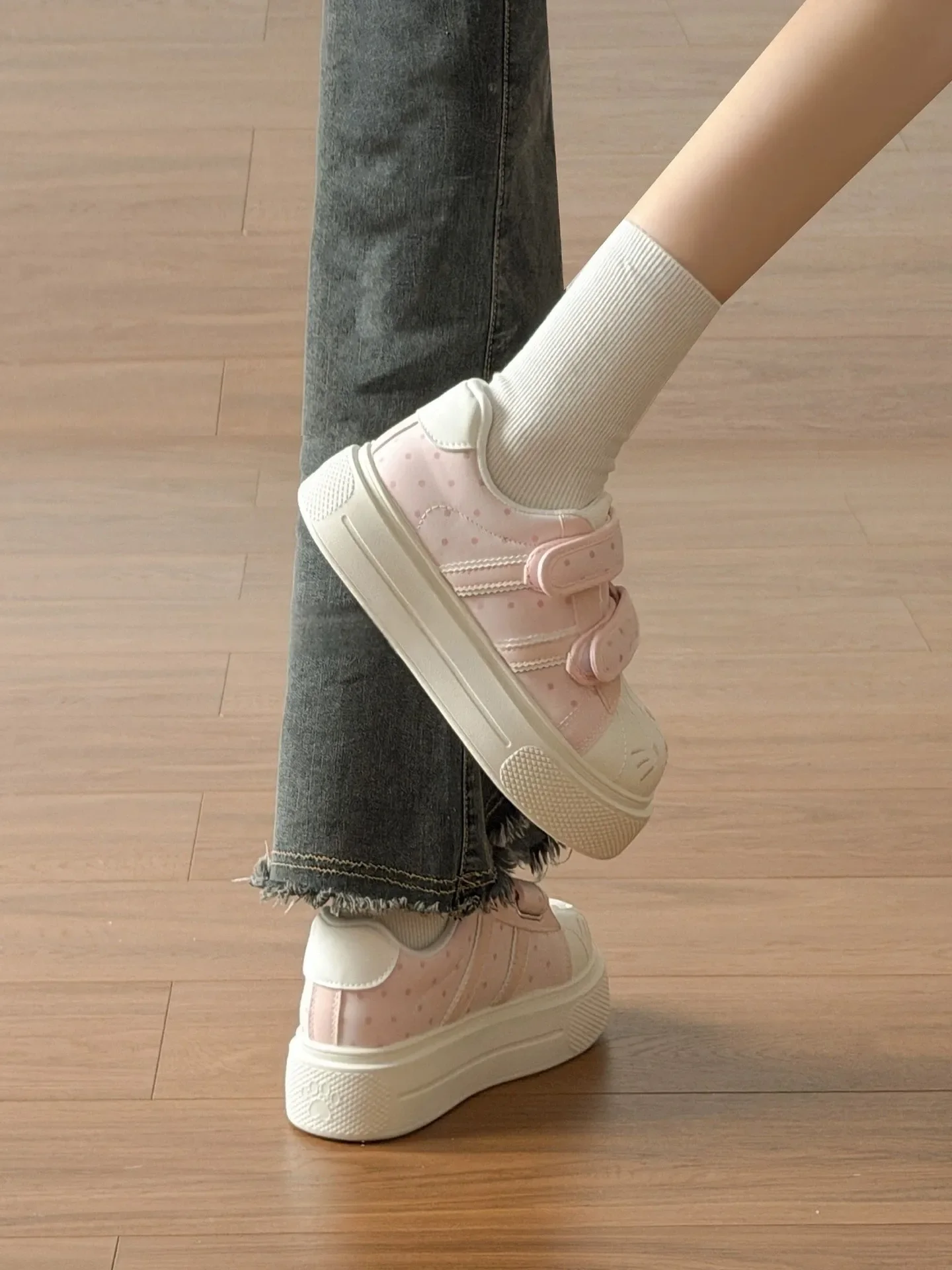 Girls Polka Dot Cat Pattern Platform Sneakers Kids PU Leather Hook & Loop Casual Thick‑Sole Bread Shoes