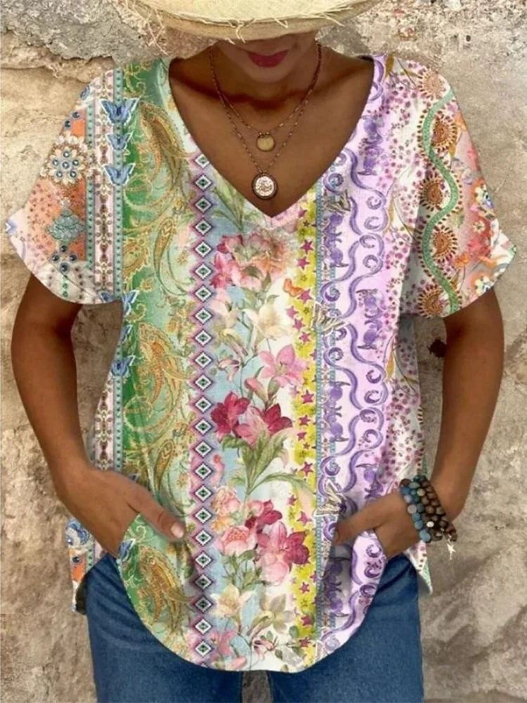 

Летние футболки с цветочным принтом и 3D принтом, женская модная футболка с v-образным вырезом и коротким рукавом Y2K, футболки большого размера, топ в стиле Харадзюку, женская одежда