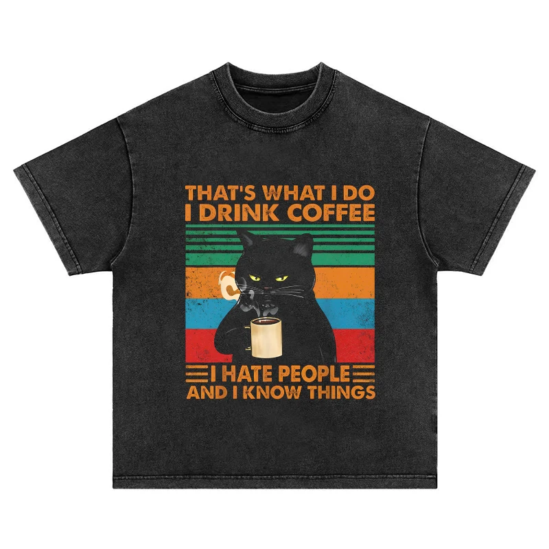 

Motorcycle 2025 New Creative Design Interesting Coffee-Drinking Cat Washed Cotton T-Shirt for Men and Women Couple Wear
